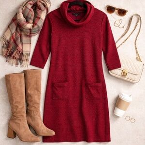 Perceptions petite red black warm winter dress cowl neck 3/4 sleeves large EUC